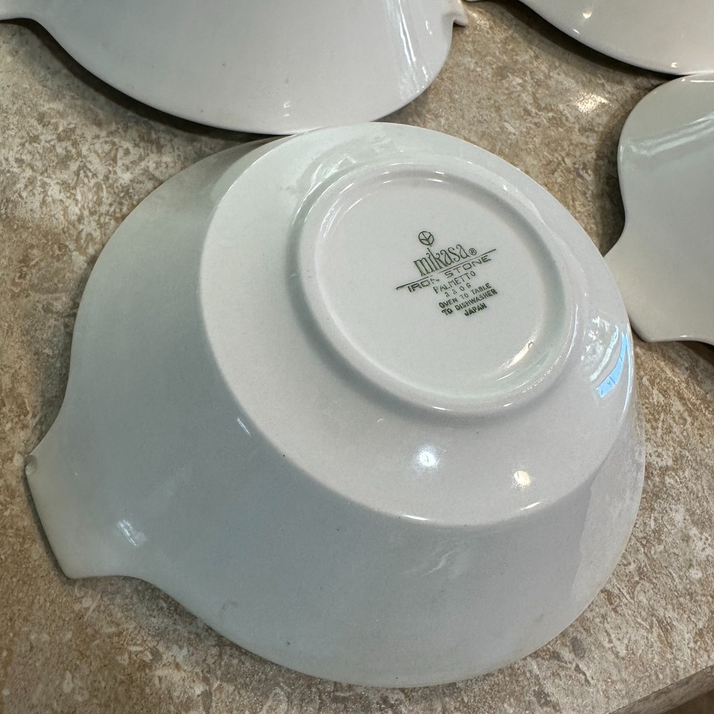 Vintage Mikasa Iron Stone Palmetto Bowls 3306 Set of Six Green & White Japan - Picture 3 of 5
